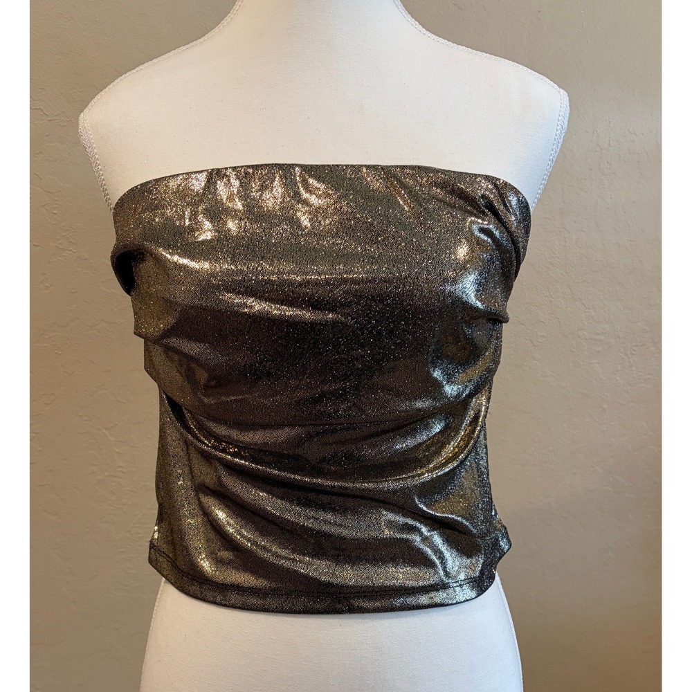 Women's‎ Metallic Gold Tube Top Liquid Gold Strapless Party Clubwear Sparkly M